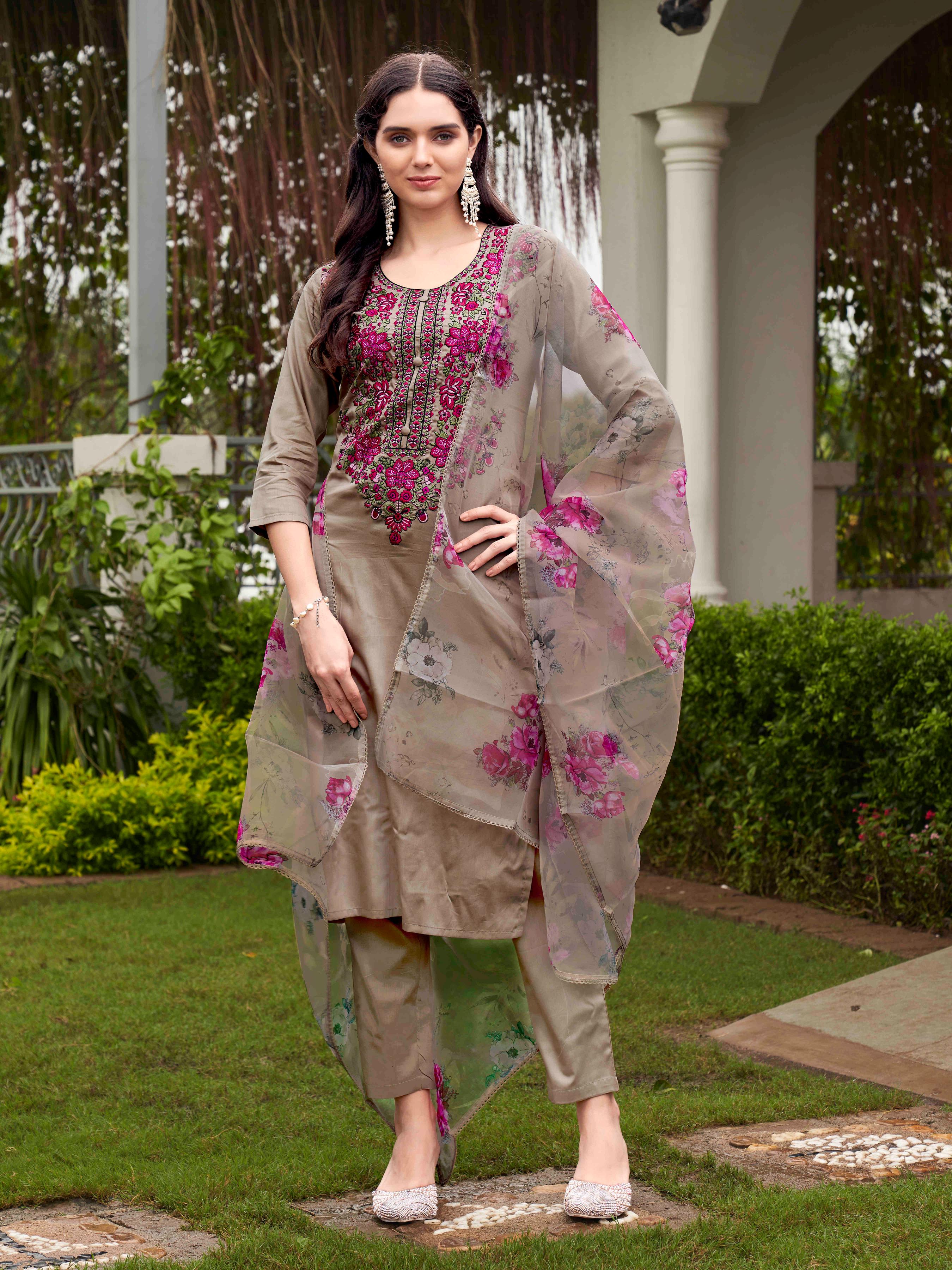 Beige Color Cotton Blend Multi Embroidered Kurta Set With Printed Organza Dupatta